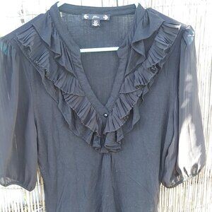 Filtre Black Ruffled V-Neck Short Sleeve Top Women's - S/P
